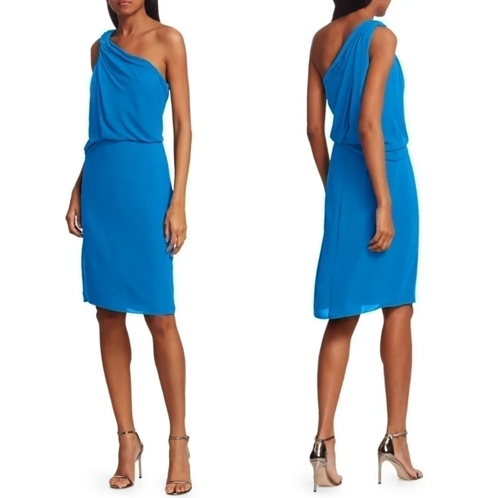 New Halston Braided Strap One-Shoulder Silky Georgette Dress NWT Size 4